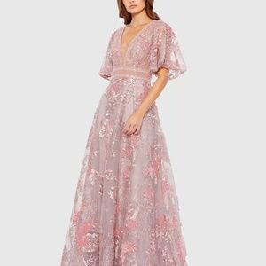NWT Mac Duggal 20262 Embroidered Beaded Flounce Sleeve A Line Gown Pink 14 $798